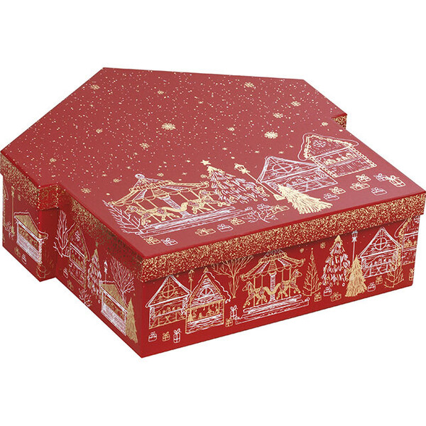 Coffret carton forme chalet BONNES FÊTES rouge/dorure à chaud or décor