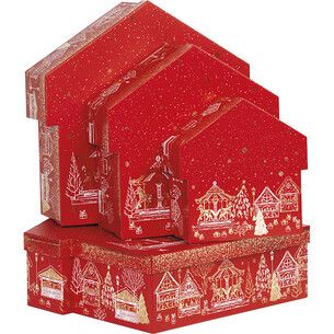 Caja cartón forma chalets FELIZ NAVIDAD rojo/estampación... 2