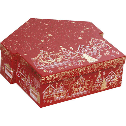 Caja cartón forma chalets FELIZ NAVIDAD rojo/estampación en caliente dorado