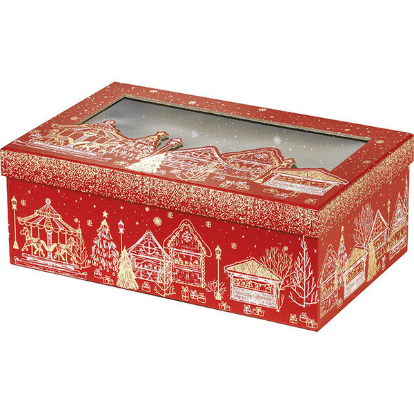 Caja cartón rectangular FELIZ NAVIDAD rojo/estampación en caliente dorado ventana PVC