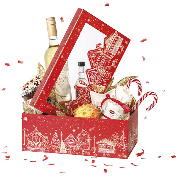 Coffret carton rectangle BONNES FÊTES rouge/dorure à chaud or fenêtre PET-Les Bonnes Affaires 2026