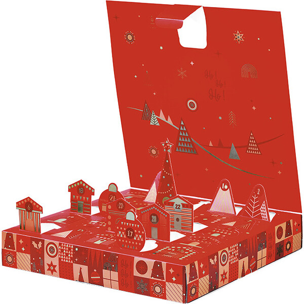 Coffret carton Calendrier de l'Avent MOSAIQUE FESTIVE/rouge 24 cases fenêtres prédécoupées-Les Bonnes Affaires 2026
