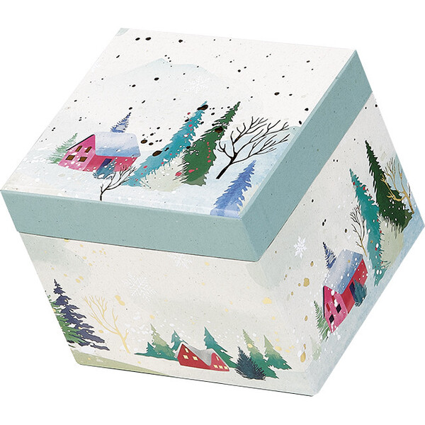 Box cardboard rectangular SNOWY COUNTRY gold/ white satin ribbon