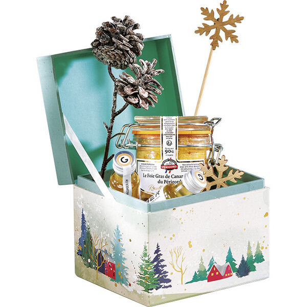 Caja cartón rectangular PUEBLO NEVADO oro/cinta satén blanco