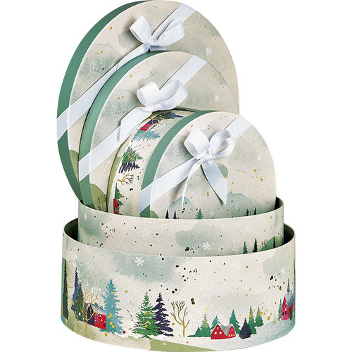 Box cardboard round SNOWY COUNTRY gold hot foil...