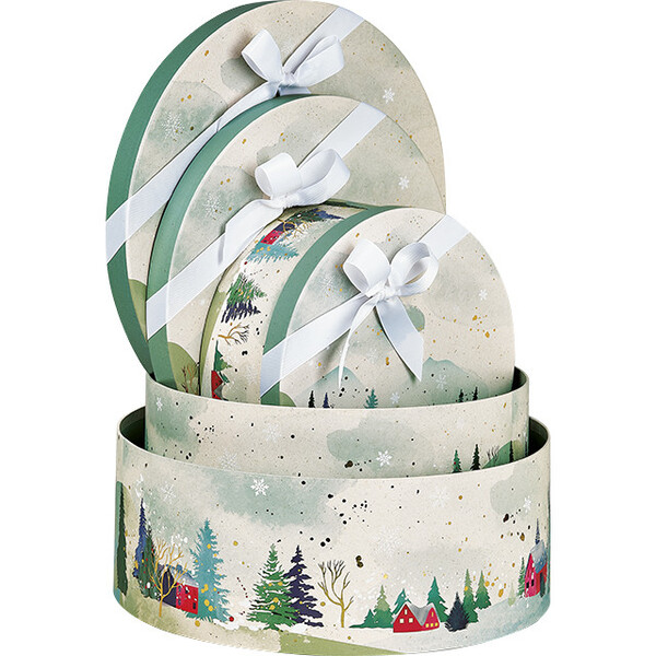 Box cardboard round SNOWY COUNTRY gold hot foil stamping
