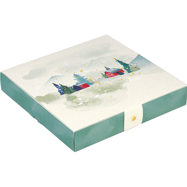 Caja cartón calendario de Adviento PUEBLO NEVADO rojo 24 ventanas precortadas