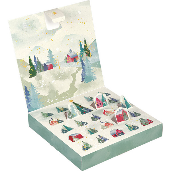 Caja cartón calendario de Adviento PUEBLO NEVADO rojo 24 ventanas precortadas