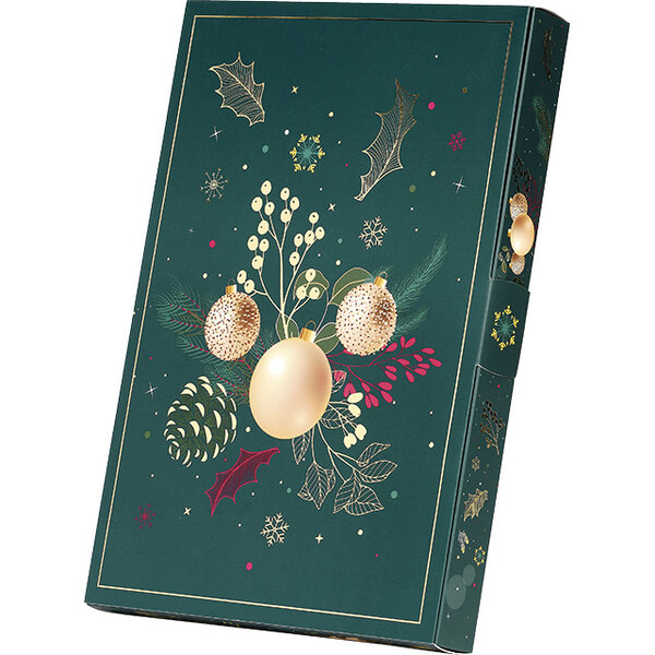 Coffret carton rect. Calendrier Avent NATURE ENCHANTEE vert/dorure chaud or 24 cases fenê. Prédécoupées