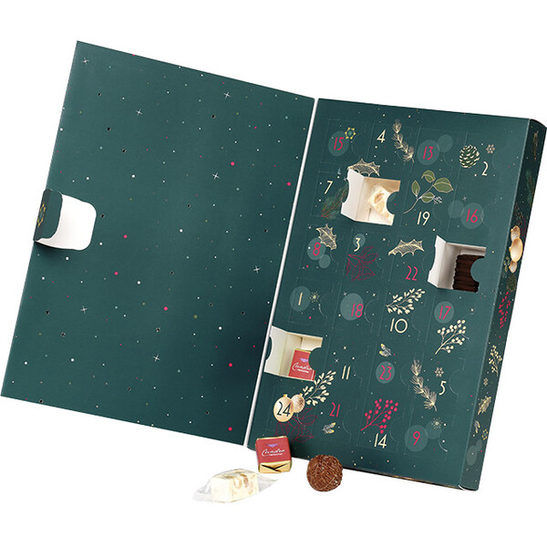 Coffret carton rect. Calendrier Avent NATURE ENCHANTEE vert/dorure chaud or 24 cases fenê. Prédécoupées