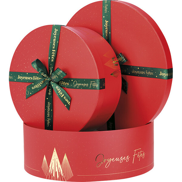 Caixa cartão redonda PRESTÍGIO DE NATAL vermelho/estampagem a quente ouro