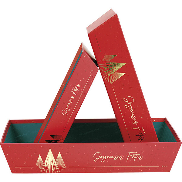 Corbeille carton rectangle NOEL PRESTIGE rouge/dorure à chaud or