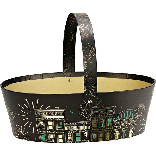 Cesto cartão ovalado CIDADE FESTIVA preto/estampagem a quente ouro pega dobrável