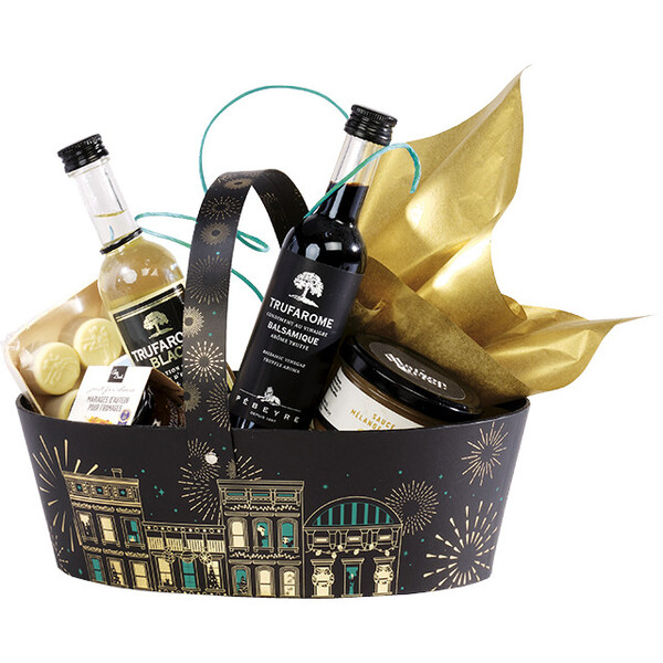 Cesto cartão ovalado CIDADE FESTIVA preto/estampagem a quente ouro pega dobrável