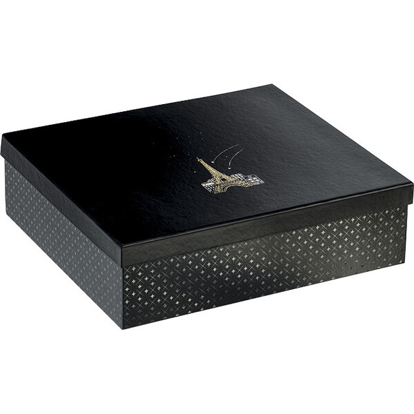 Coffret carton rectangle noir/vernis sélectif/décor POP-UP Paris /dorure à chaud-Les Bonnes Affaires 2026