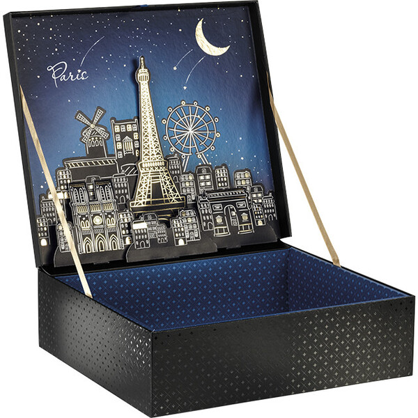 Caja cartón rectangular negro/impresión UV/París POP-UP/estampación en caliente dorado