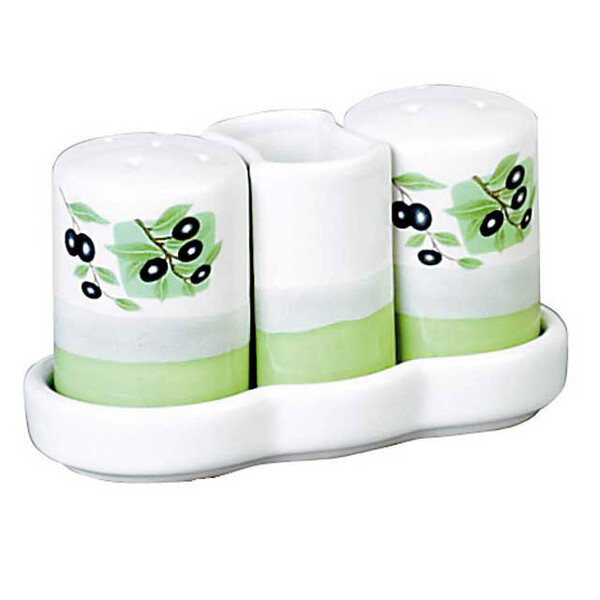 Salt, pepper and toothpick holder set on tray olive design