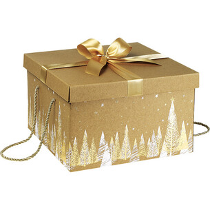 Coffret carton kraft carré décor sapins or/blanc noeud...