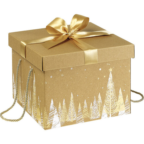 Coffret carton kraft carré décor sapins or/blanc noeud satin/cordelettes coloris or
