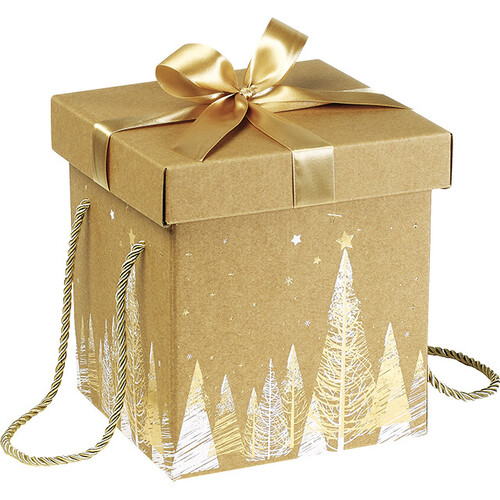 Coffret carton kraft carré décor sapins or/blanc noeud satin/cordelettes coloris or
