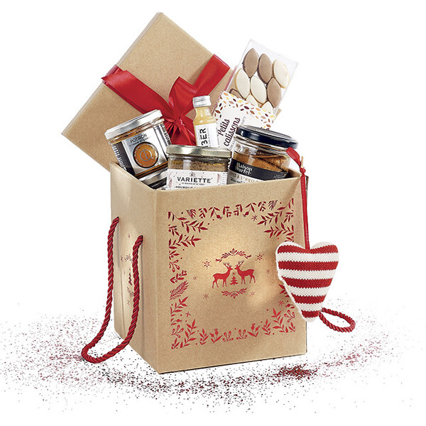 Coffret carton kraft carré décor renne rouge noeud satin/cordelettes coloris rouge-Les Bonnes Affaires 2026