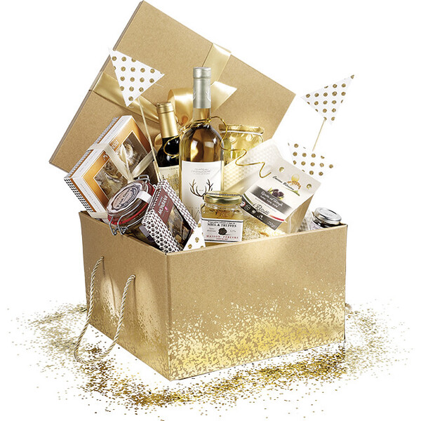 Coffret carton kraft carré décor or noeud satin/cordelettes coloris or-Les Bonnes Affaires 2026
