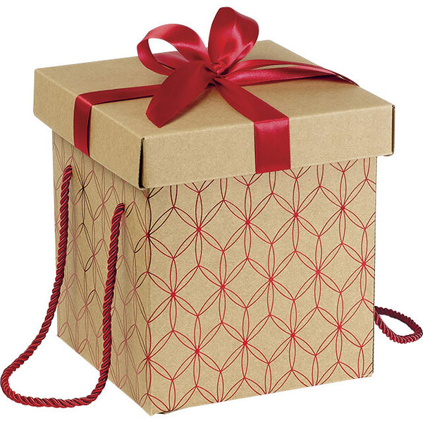 Box cardboard square kraft red geometrical circle red satin bow red cord
