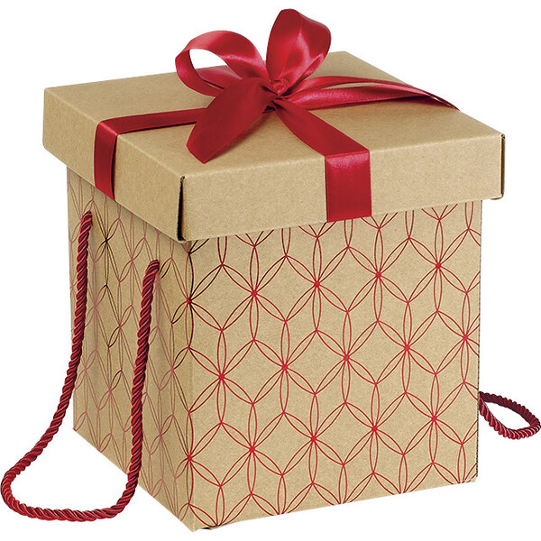 Box cardboard square kraft red geometrical circle red satin bow red cord