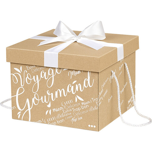 Caja cartón cuadrada kraft VOYAGE GOURMAND blanco cinta satén blanco/cordones blancos