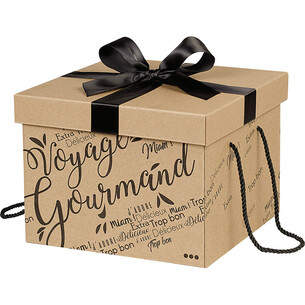 Coffret carton kraft carré VOYAGE GOURMAND noir noeud...