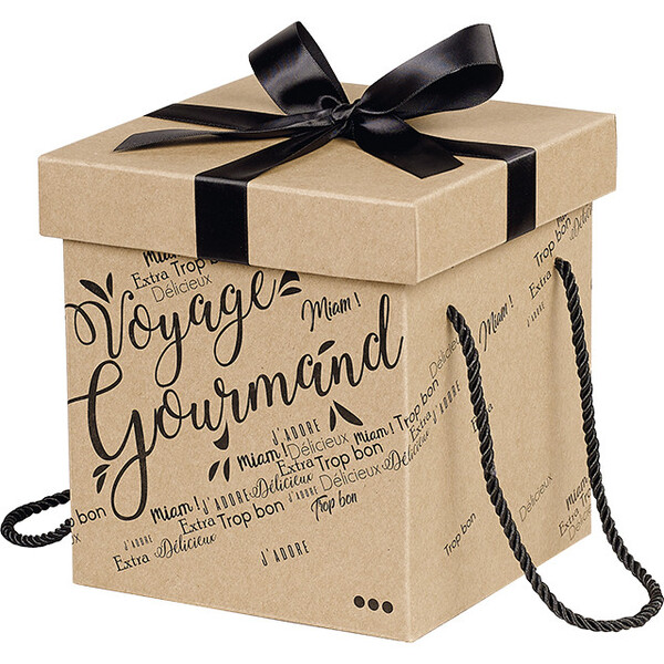Caja cartón cuadrada kraft VOYAGE GOURMAND cinta satén negro/cordones negros