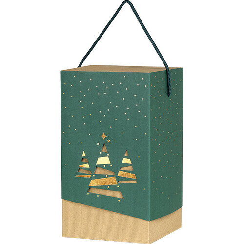 Caja cartón funda FELIZ NAVIDAD verde/estampación en caliente cobre /árboles de Navidad