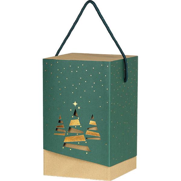 Coffret carton fourreau BONNES FÊTES vert/dorure à chaud/cuivre/sapins livré à plat
