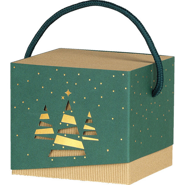 Caja cartón funda FELIZ NAVIDAD verde/estampación en caliente cobre árboles de Navidad