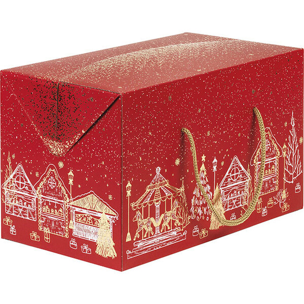 Coffret carton rectangle BONNES FÊTES rouge/dorure à chaud cordelettes or ferm. latérales-Les Bonnes Affaires 2026