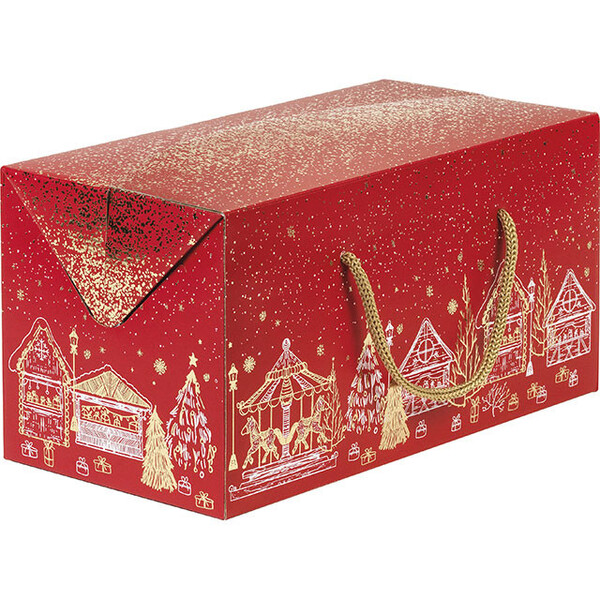 Box cardboard rectangular MERRY CHRISTMAS red/gold hot foil stamping red cord side closure delivered flat