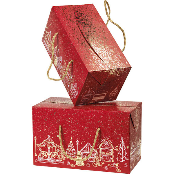 Box cardboard rectangular MERRY CHRISTMAS red/gold hot foil stamping red cord side closure delivered flat