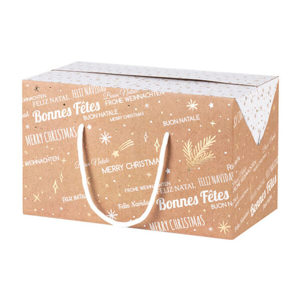 Coffret carton rectangle BONNES FÊTES kraft/blanc/dorure à chaud cordelettes blanches ferm. latérales-Les Bonnes Affaires 2026