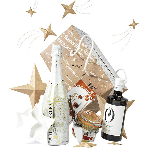 Coffret carton rectangle BONNES FÊTES kraft/blanc/dorure à chaud cordelettes blanches ferm. latérales-Les Bonnes Affaires 2026