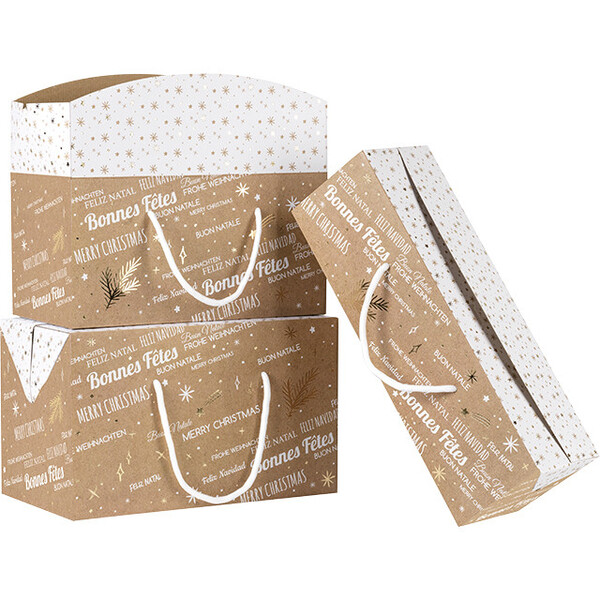 Coffret carton rectangle BONNES FÊTES kraft/blanc/dorure à chaud cordelettes blanches ferm. latérales