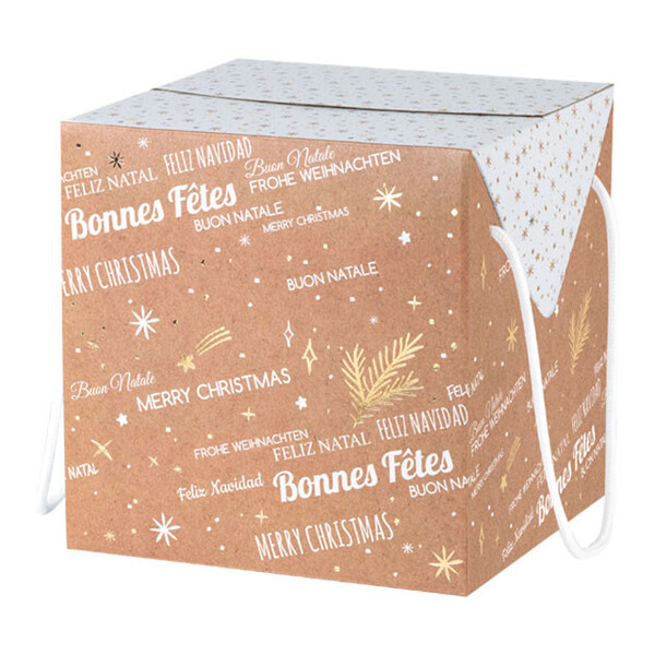 Coffret carton carré BONNES FÊTES kraft/blanc/dorure à chaud cordelettes blanches ferm. Latérales-Les Bonnes Affaires 2026