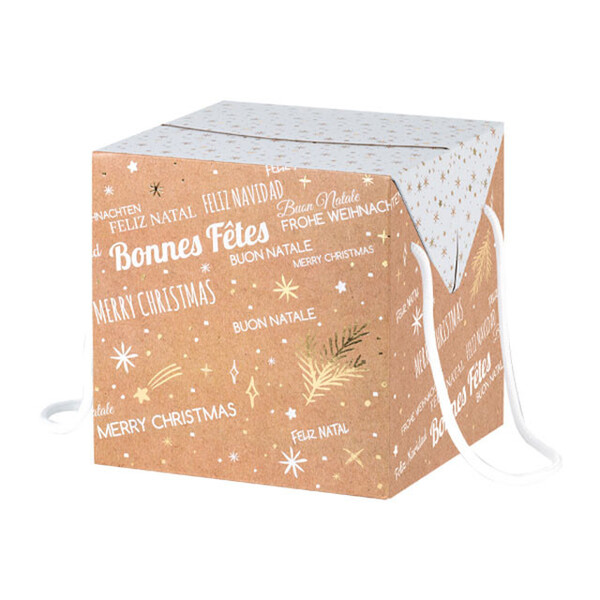 Caja cartón cuadrado FELIZ NAVIDAD kraft/blanco/estampación en caliente dorado blanco cordones cierres laterales entrega plana
