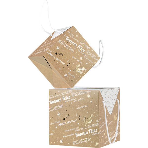 Box cardboard square MERRY CHRISTMAS kraft/white/gold hot foil stamping white cord side closure delivered flat