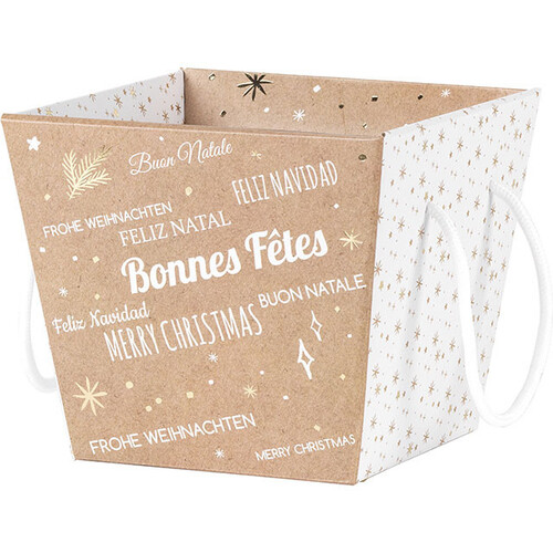 Corbeille carton carré BONNES FÊTES kraft/blanc/dorure à chaud cordelettes blanches