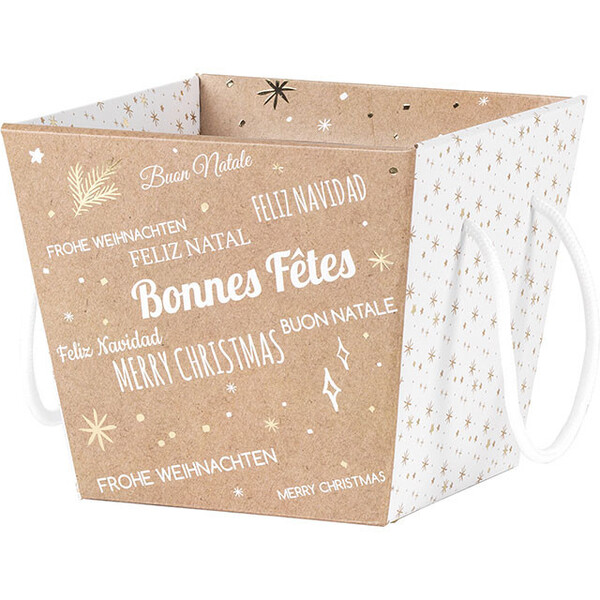 Corbeille carton carré BONNES FÊTES kraft/blanc/dorure à chaud cordelettes blanches-Les Bonnes Affaires 2026