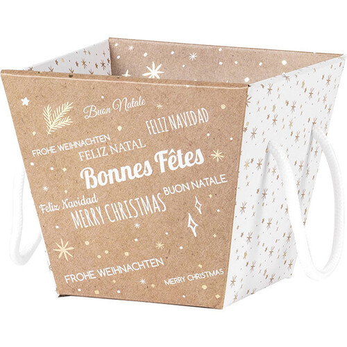 Bandeja cartón cuadrado FELIZ NAVIDAD kraft/blanco/estampación en caliente dorado blanco cordones