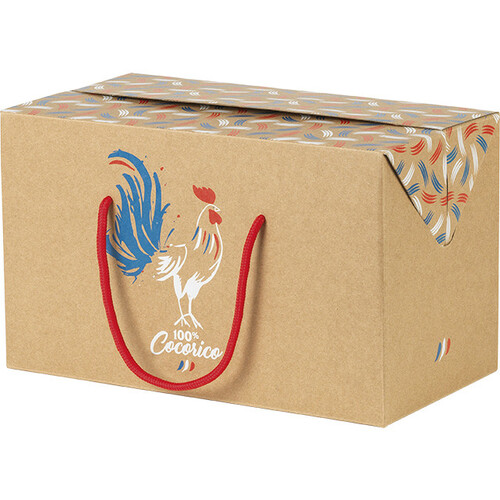 Caixa cartão kraft retangular 100% COCORICO vermelho cordão fechamento lateral entregue plano