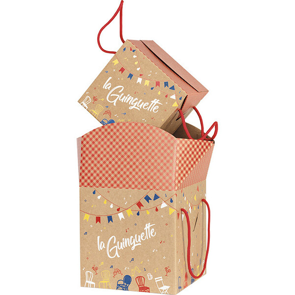 Coffret carton kraft carré LA GUINGUETTE cordelettes rouges fermetures latérales