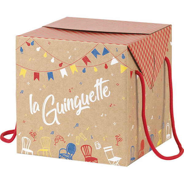 Caixa cartão kraft quadrado LA GUINGUETTE vermelho cordão fechamento lateral entregue plano