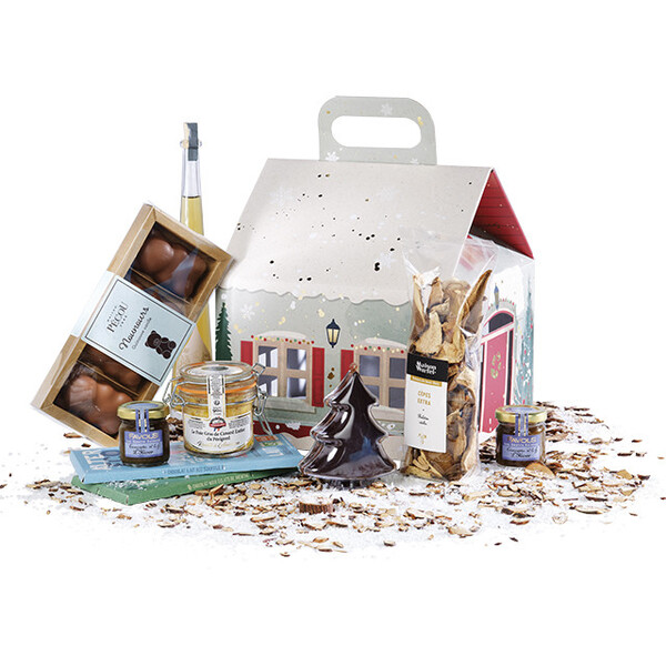 Caja cartón en forma de casa PUEBLO NEVADO asa